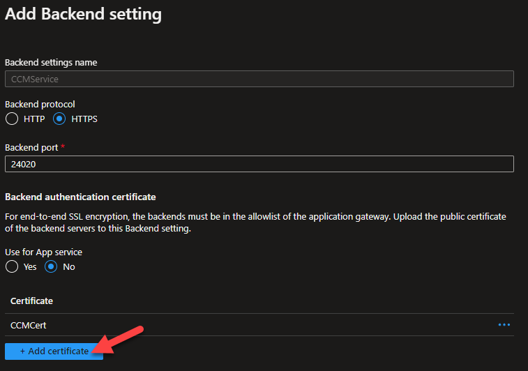 Backend setting add certificate