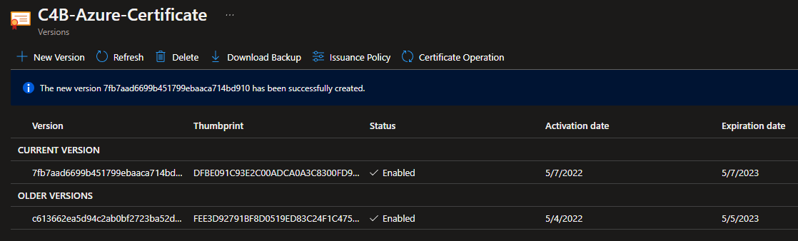 Vault Certificate Version List