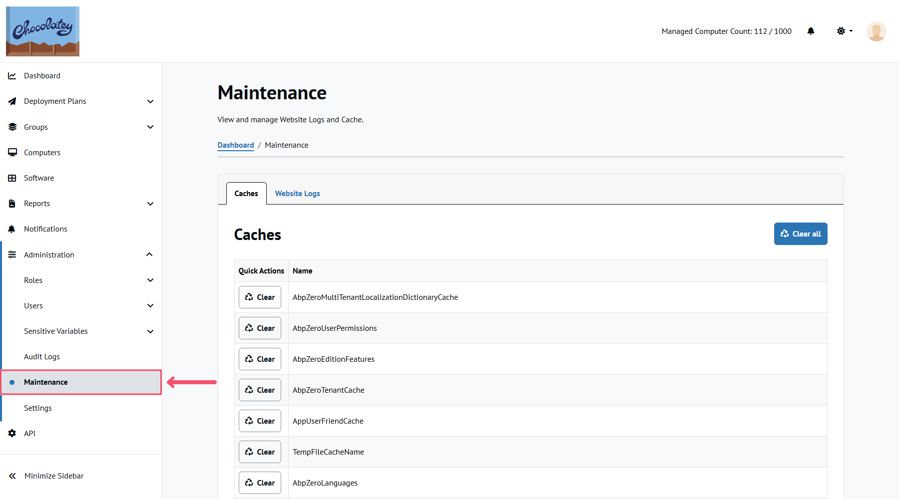 Caches tab within the Maintenance section of the Administration | Settings page