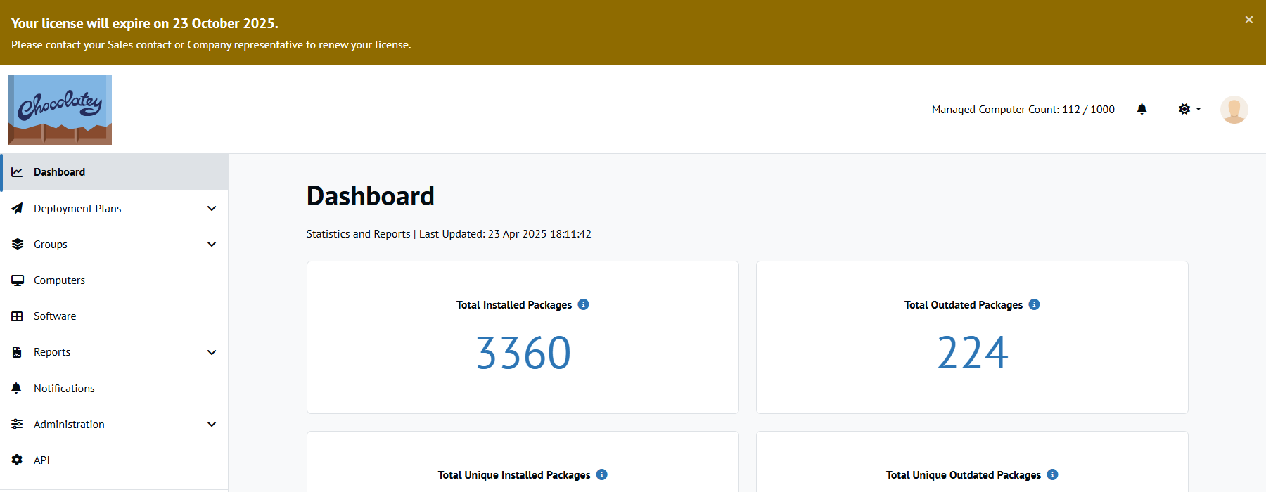 License expiration warning shown on the Chocolatey Central Management dashboard once signed in