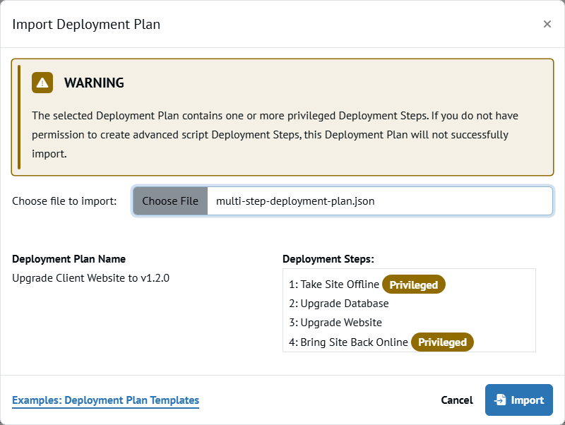 Chocolatey Central Management import Deployment Plan modal, arrow pointing to the Choose Deployment Plan button and the Import button