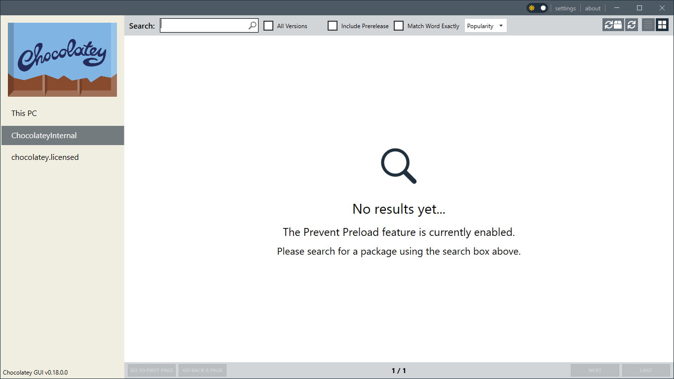Prevent Preload is enabled, showing the ability to immediately search for packages