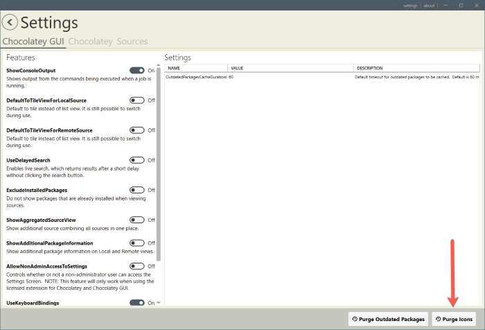 Settings Actions Purge Icons