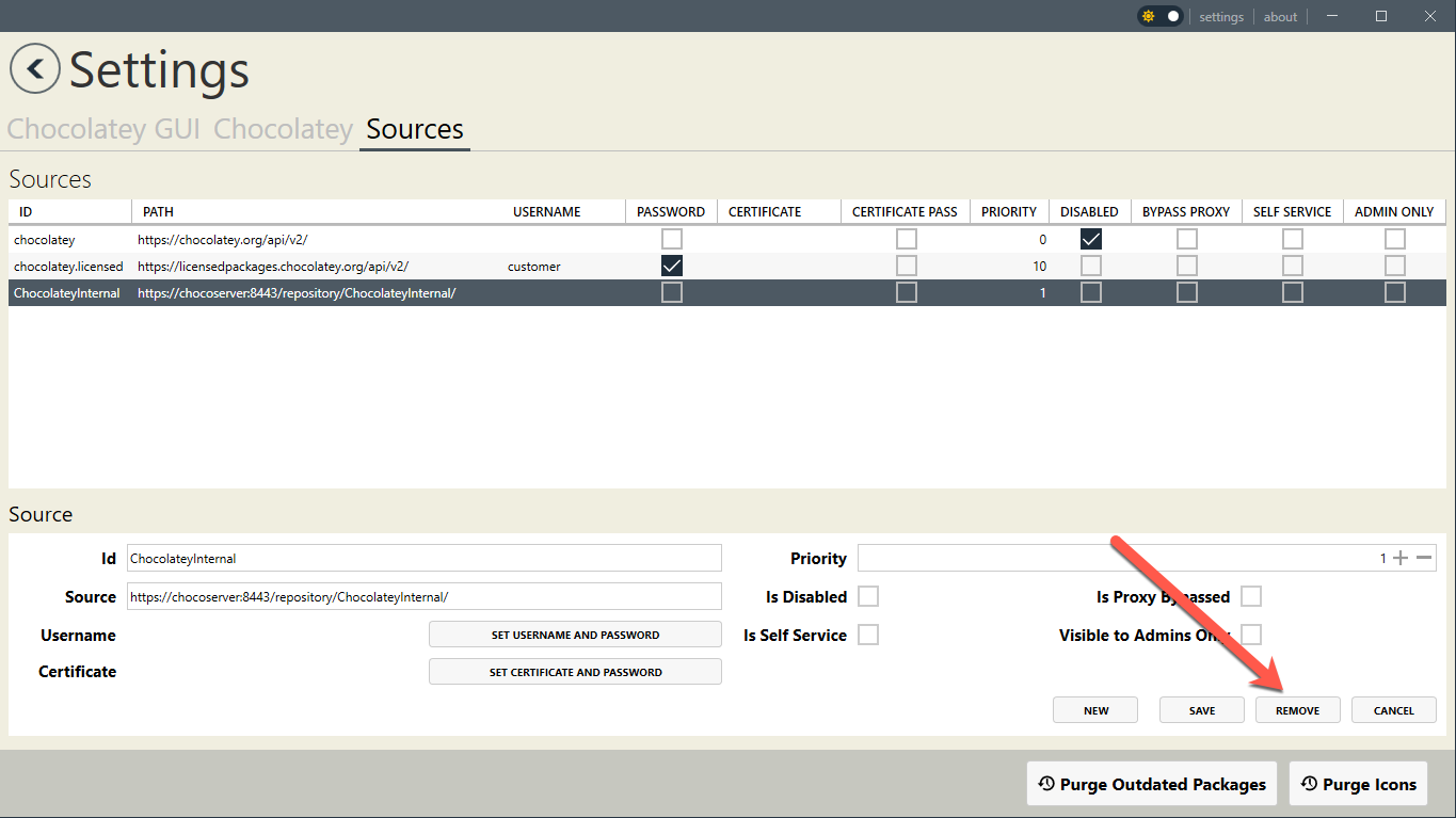 Showing the user interface when removing a source